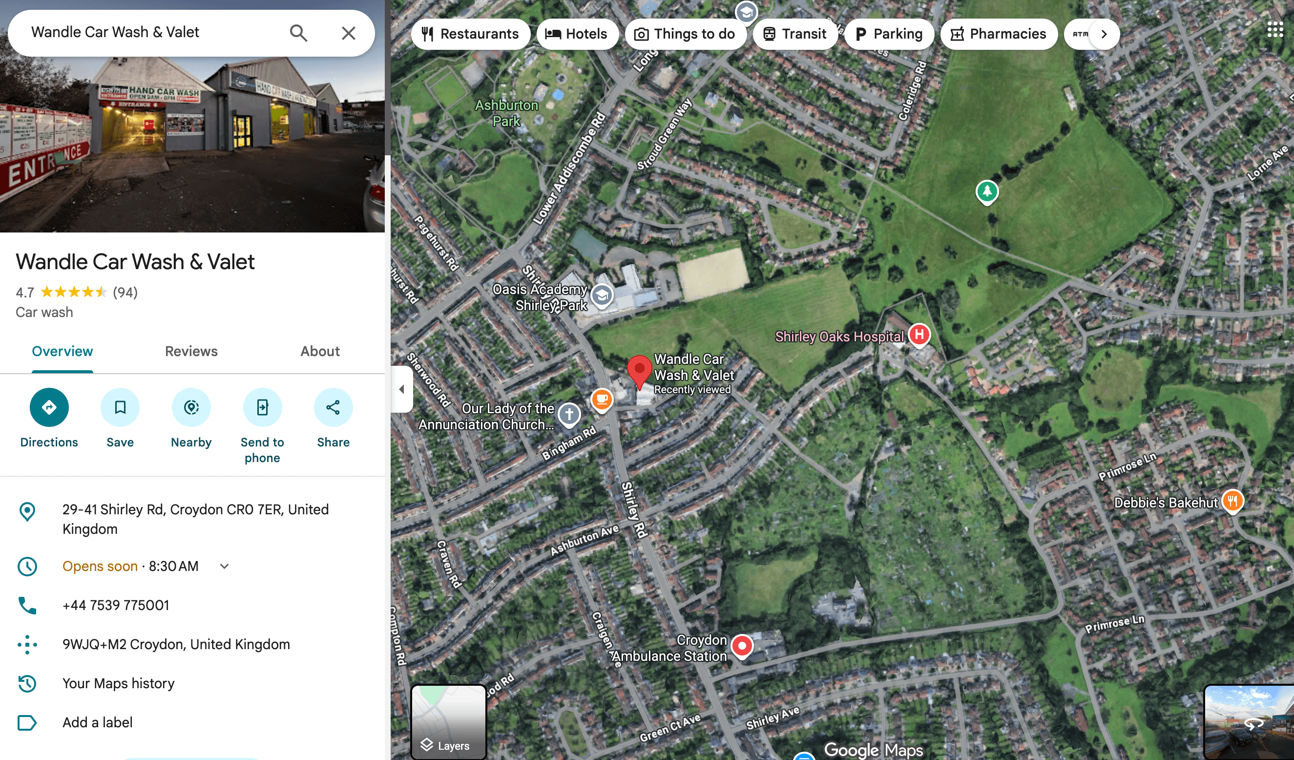 Map showing Wandle Car Wash & Valet on Shirley Road, Croydon